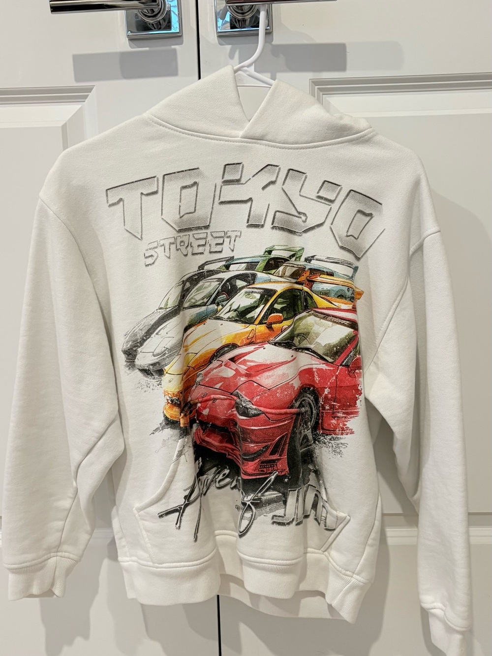 PacSun White Tokyo Street Crewneck Sweater with Multicolor Car Graphic